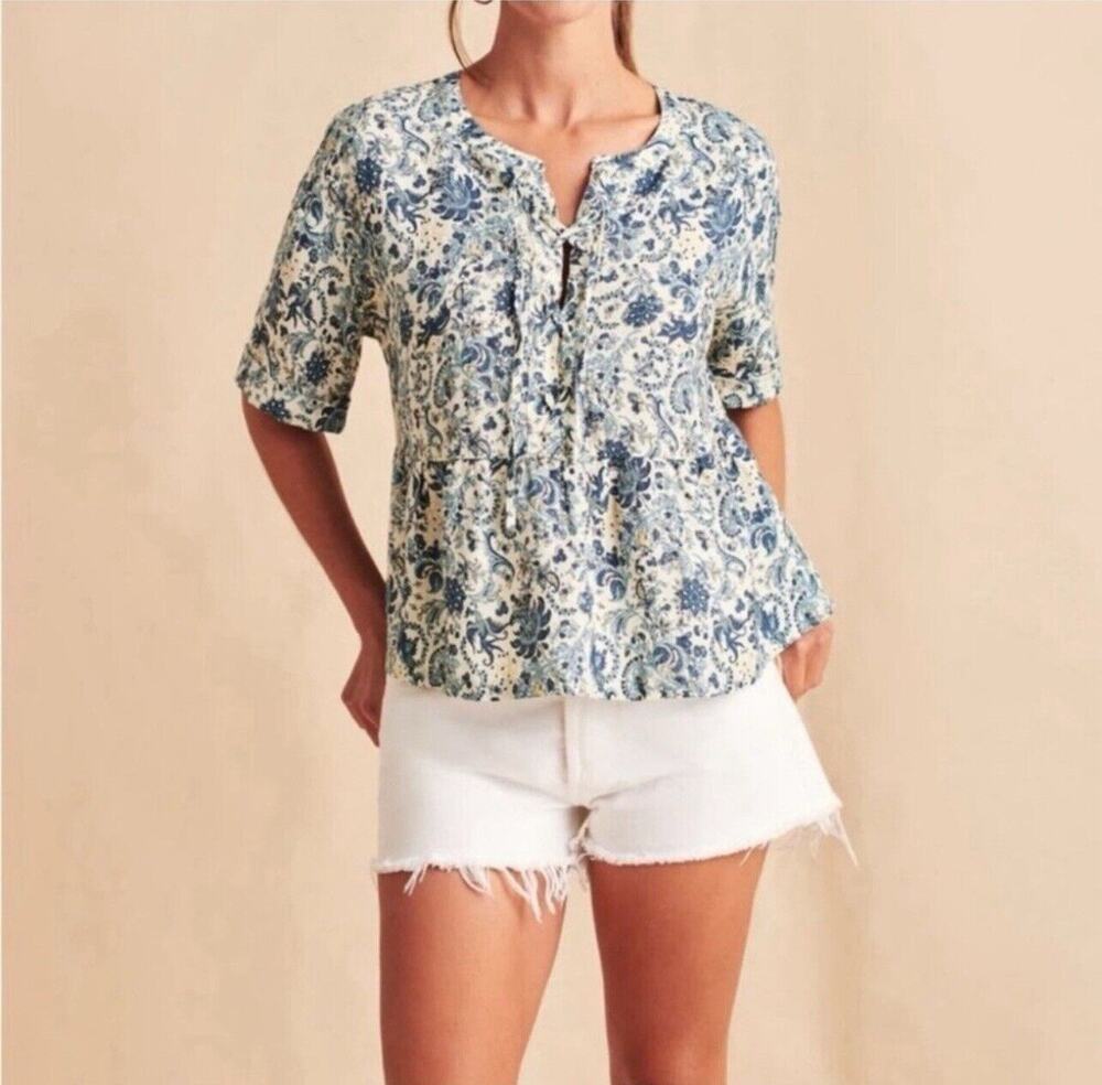 NWT Faherty Salinas 100% Linen Top Blouse XS Blue Floral Paisley Ruffle Lace-Up